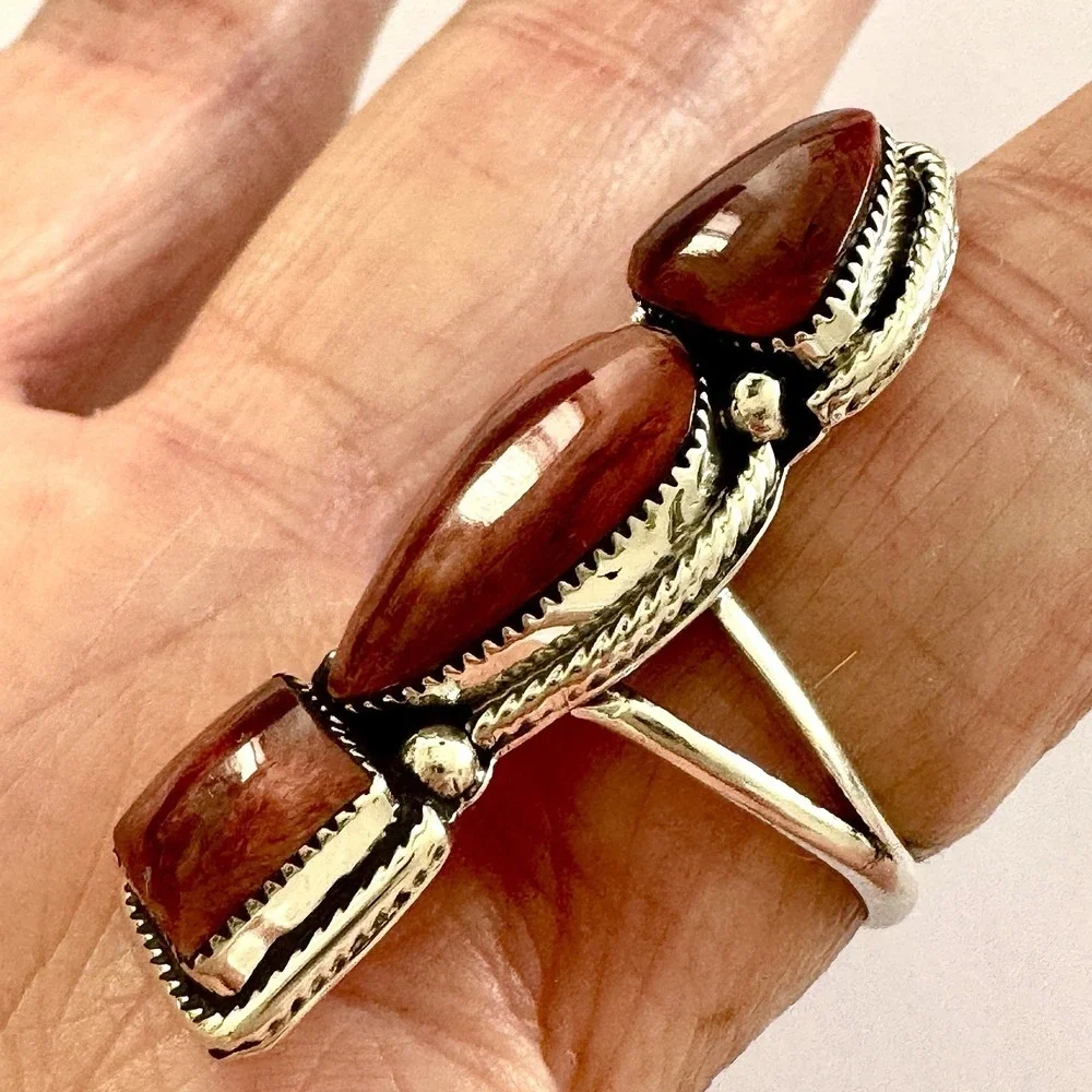 Navajo Arrow Ring Red‎ Spiny Oyster Sz 8  Sadie Jim Sterling Native American